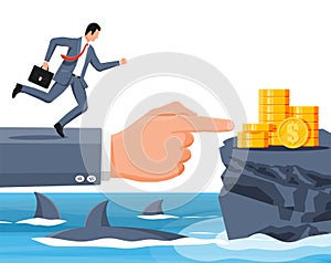 Businessman running on hand over shark in water.