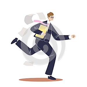 Businessman running in hurry for work to office. Business man in suit late in morning