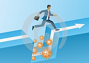 Businessman running, jumping over a gap with New Corona virus, Covid-19. Vector illustration.