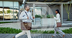 Businessman, running and late with watch outdoor for commute, travel or hurry for work or meeting in city. Entrepreneur