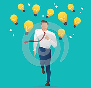 Businessman running with light bulbs, Concept of creativity, competition and innovation.