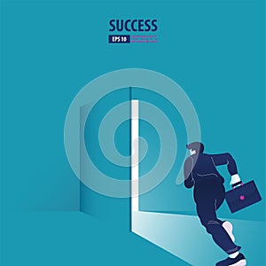 Businessman running into the opening door.  Catch the opportunity and success. Business vector concept illustration