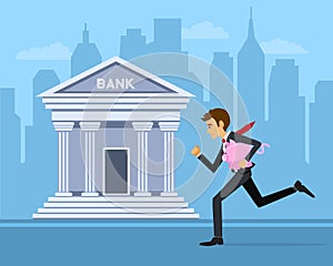 Businessman running with piggy-bank to bank with cityscape background