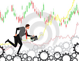 businessman running on the prongs of the gear. the employee goes on the gears and rotate them business concept illustration