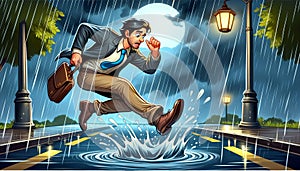 Businessman Running in Rain at Night with Briefcase and Umbrella
