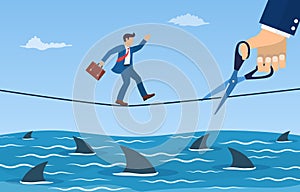 Businessman running on rope over a sea