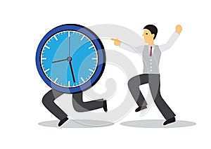 Businessman running after a running clock. Concept of time management or urgency