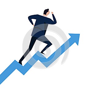 Businessman running on steps growth chart going up. Concept of career success climbing on stairs