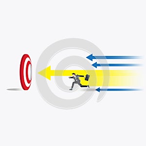 Businessman running to the hole of target with arrows forward direction vector illustration