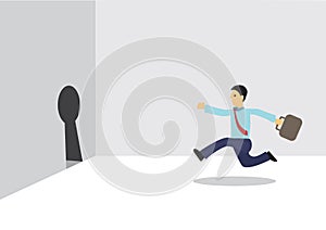 Businessman running towards a keyhole to escape. Concept of freedom and goal setting