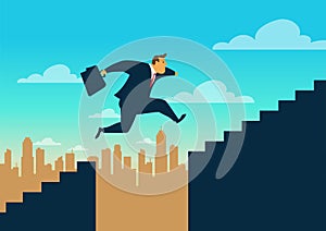 Businessman running up staircase and jumping over chasm, Gap on stairway to success, Business concept
