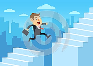 Businessman running up staircase and jumping over chasm, Gap on stairway to success, Business concept of challenge problem