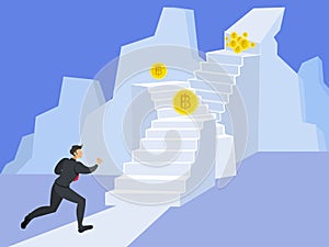 Businessman running up stairway to the top of mountain