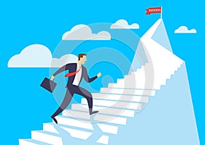 Businessman running up stairway to the top of mountain, Business concept growth and the path to success