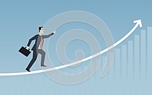 Businessman running on uptrend line arrow chart in flat icon design with blue color background