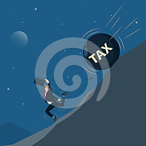 Businessman runs away from big ball TAX that is rolling down to him design vector illustration