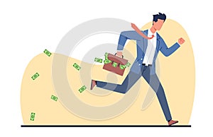 Businessman runs away with briefcase with paper money falling out of it. Running man, hurry person, successful