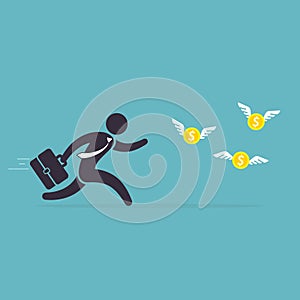 Businessman runs after money flies away. Man in a hurry for coins with wings. Vector illustration. Concept of desire for wealth