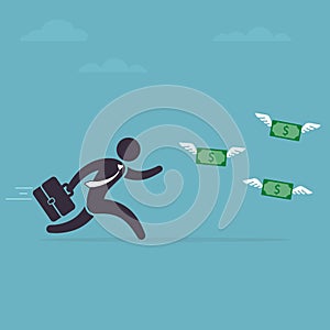 Businessman runs after money flies away. Man in a hurry for money with wings. Vector illustration. Business Concept