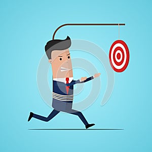 Businessman runs to target. Business concept. Vector illustration. Challenge achieve aim. Business concept growth to success