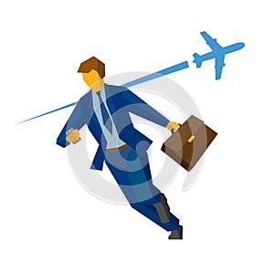 Businessman rushing. With flying airplane on background.