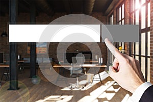 Businessman`s finger pointing on internet search bar in modern industrial style apartment, rental, 3D Illustration