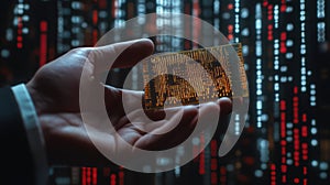 Businessman's Hand Holding Digital Chip in Front of Binary Code: Cyber Security, Business Technology, AI & Big Data Conc