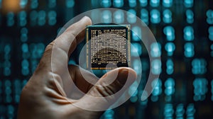 Businessman's Hand Holding Digital Chip in Front of Binary Code: Cyber Security, Business Technology, AI & Big Data Conc