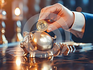 Businessman& x27;s hand inserts a bitcoin coin into a gold jar against the background of graphs. Concept of investment