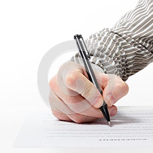 Businessman's hand signing papers. Lawyer, realtor, businessman