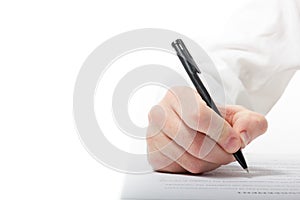 Businessman's hand signing papers. Lawyer, realtor, businessman