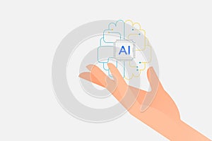 Businessman’s hand touch or show on virtual AI brain, AI circuit or computer chip by AI technology concept.
