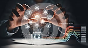 Businessman's hands manipulating digital network of cloud computing and artificial intelligence icons
