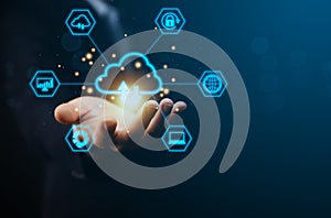 Businessman's hands showing a diagram of Cloud computing information technology icon. Concept of digital connection on