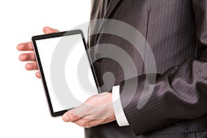 Businessman's hands showing a tablet pc comuter with blank screen for your sample text