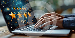 Businessman's hands typing on laptop keyboard, five-star rating on screen photo