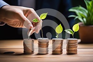 The Businessman\'s Money Stack with a Growing Tree on the Table - A Symbol of Smart Saving, Finance, and Accounting