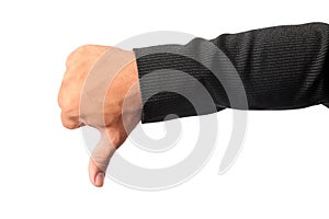 Businessman`s right hand making sign dislike isolated clipping p