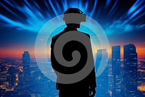 Businessman\'s silhouette immerses in metaverse using VR for virtual business. photo