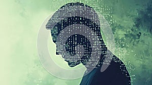 A businessmanâs silhouette merges with digital binary codes, symbolizing technology and innovation