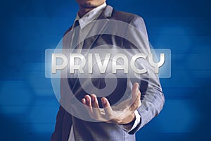 Businessman or Salaryman with PRIVACY text modern interface conc