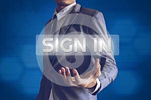 Businessman or Salaryman with Sign in text modern interface conc