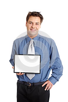 Businessman or salesman holding sign