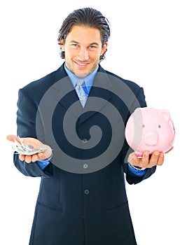 Businessman Save Money In Piggy Bank