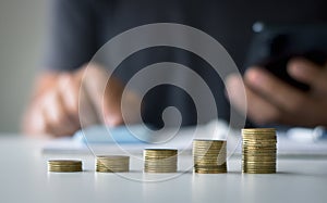 Businessman saving money concept financial. Close-up of coins stacks