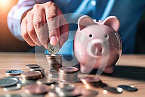 Businessman saving money concept. hand holding coins putting in piggy bank. Generative AI