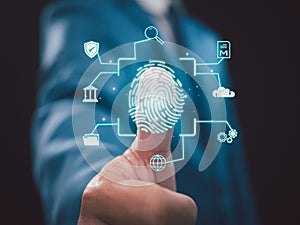 Businessman scan fingerprint biometric identity and approval. Secure access granted by valid fingerprint scan, Business Technology