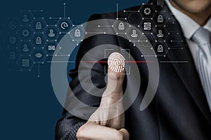 Businessman scans a fingerprint on a virtual screen