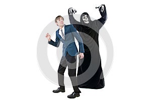 Businessman Scared of a Man Wearing a Ghost Costume on Halloween