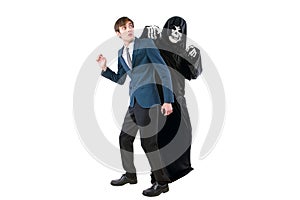 Businessman Scared of a Man Wearing a Ghost Costume on Halloween